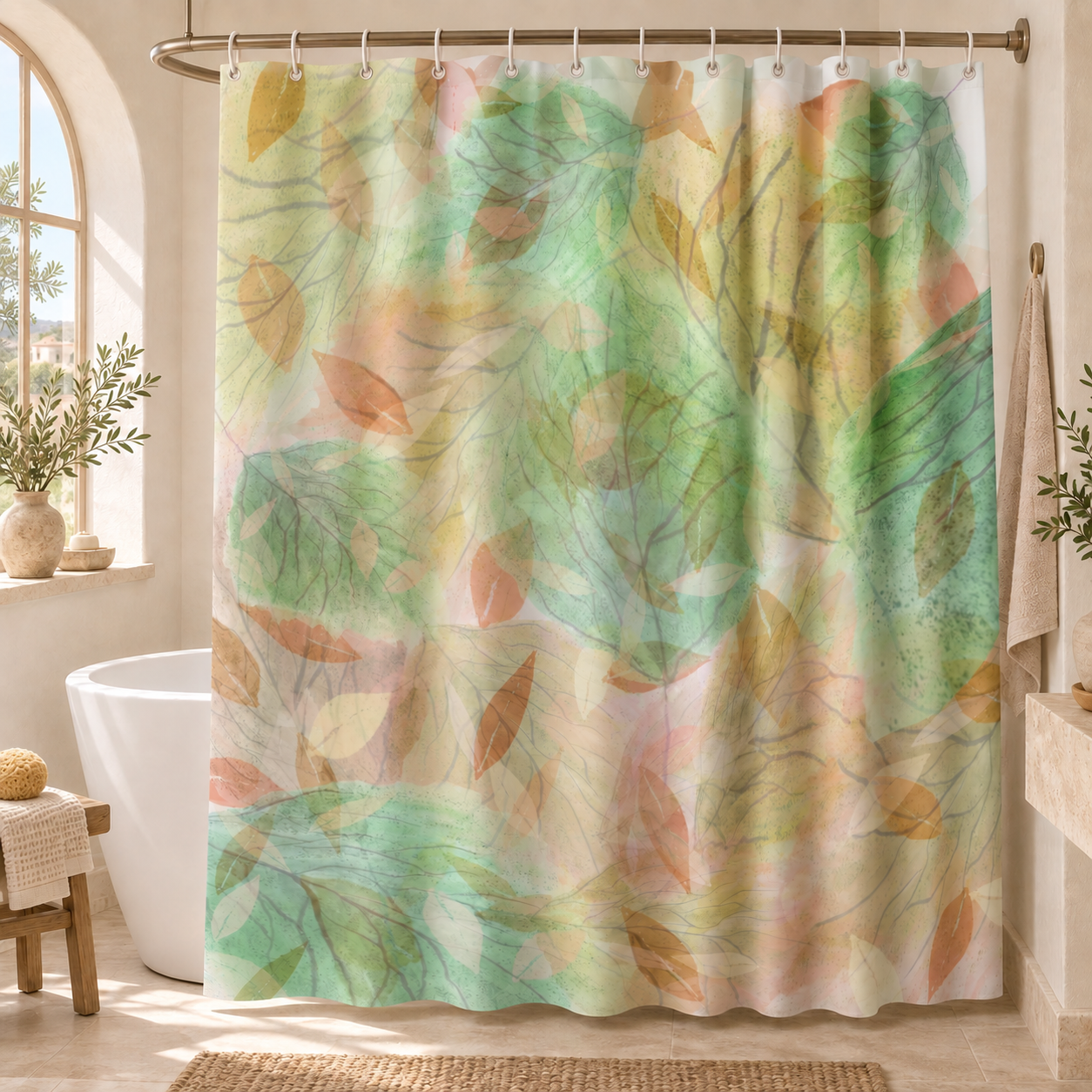 Botanical Watercolor Shower Curtain – Soft Forest Leaves Woodland Bathroom Decor