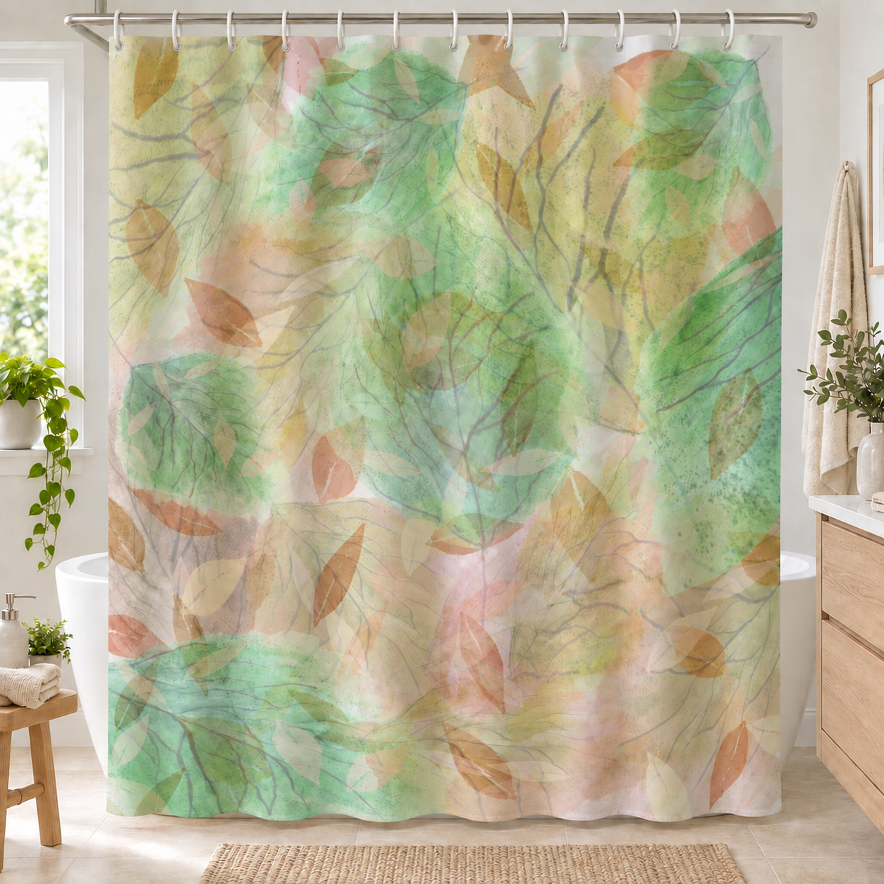 Botanical Watercolor Shower Curtain – Soft Forest Leaves Woodland Bathroom Decor