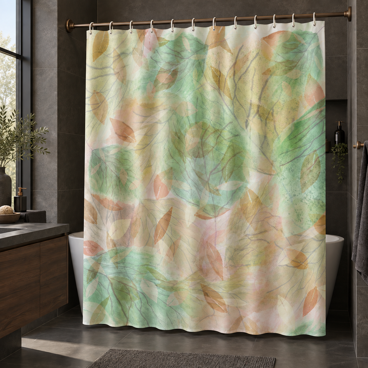 Botanical Watercolor Shower Curtain – Soft Forest Leaves Woodland Bathroom Decor