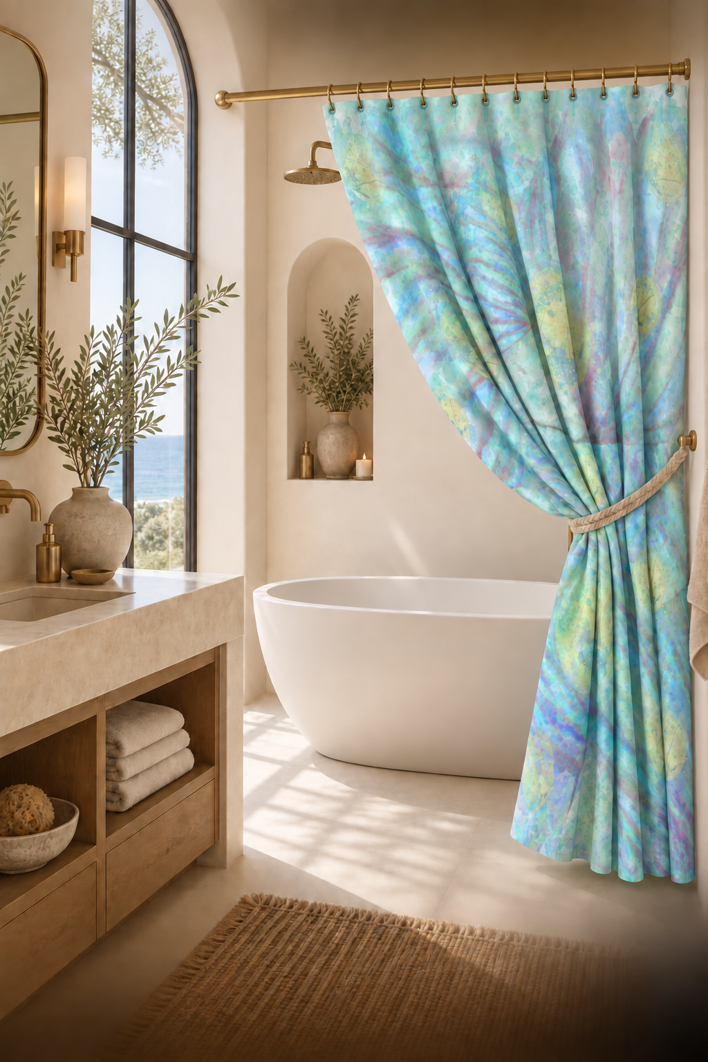 Ocean Watercolor Shower Curtain – Coastal Botanical Bathroom Décor