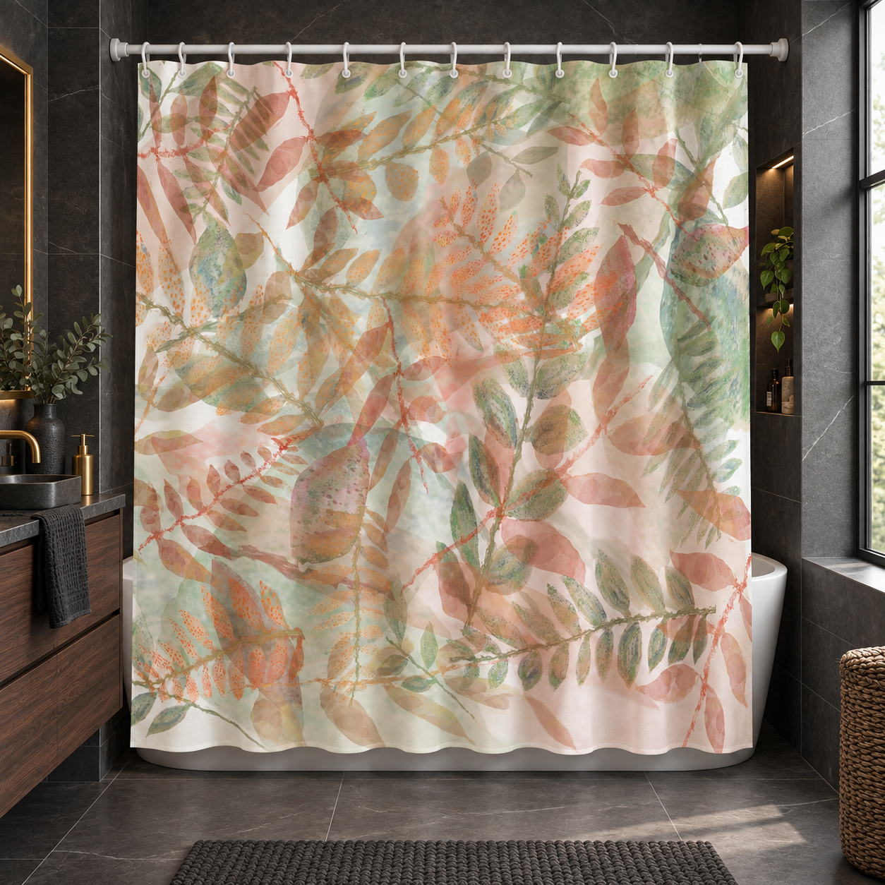 Botanical Watercolor Shower Curtain – Autumn Garden Floral Bathroom Decor