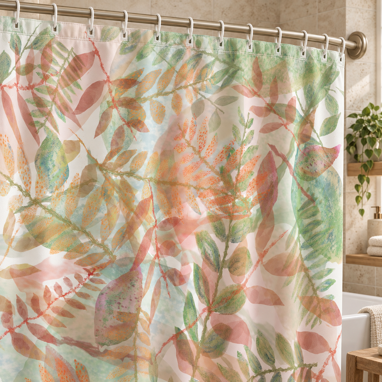 Botanical Watercolor Shower Curtain – Autumn Garden Floral Bathroom Decor