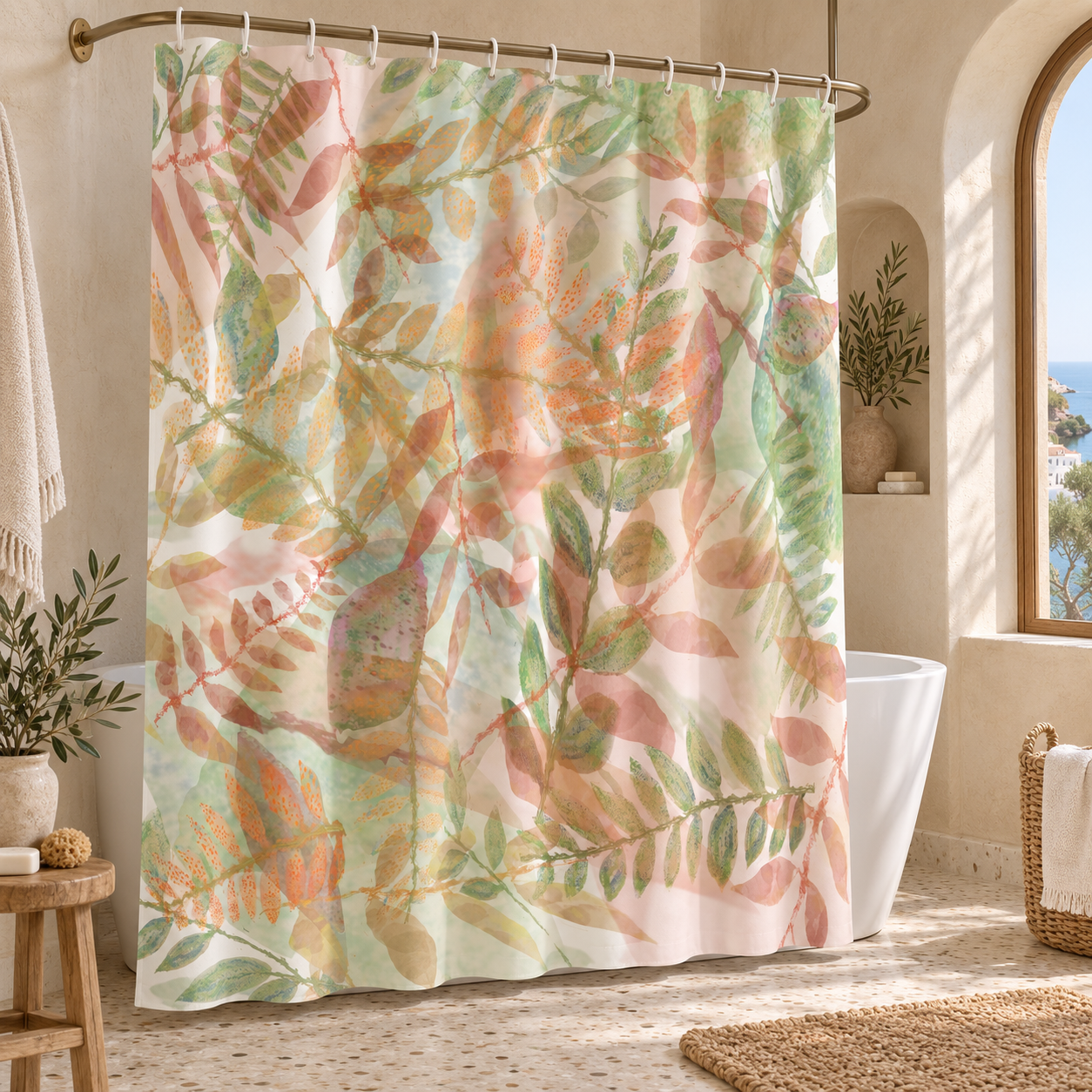 Botanical Watercolor Shower Curtain – Autumn Garden Floral Bathroom Decor