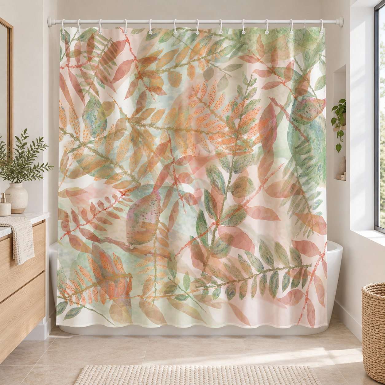 Botanical Watercolor Shower Curtain – Autumn Garden Floral Bathroom Decor