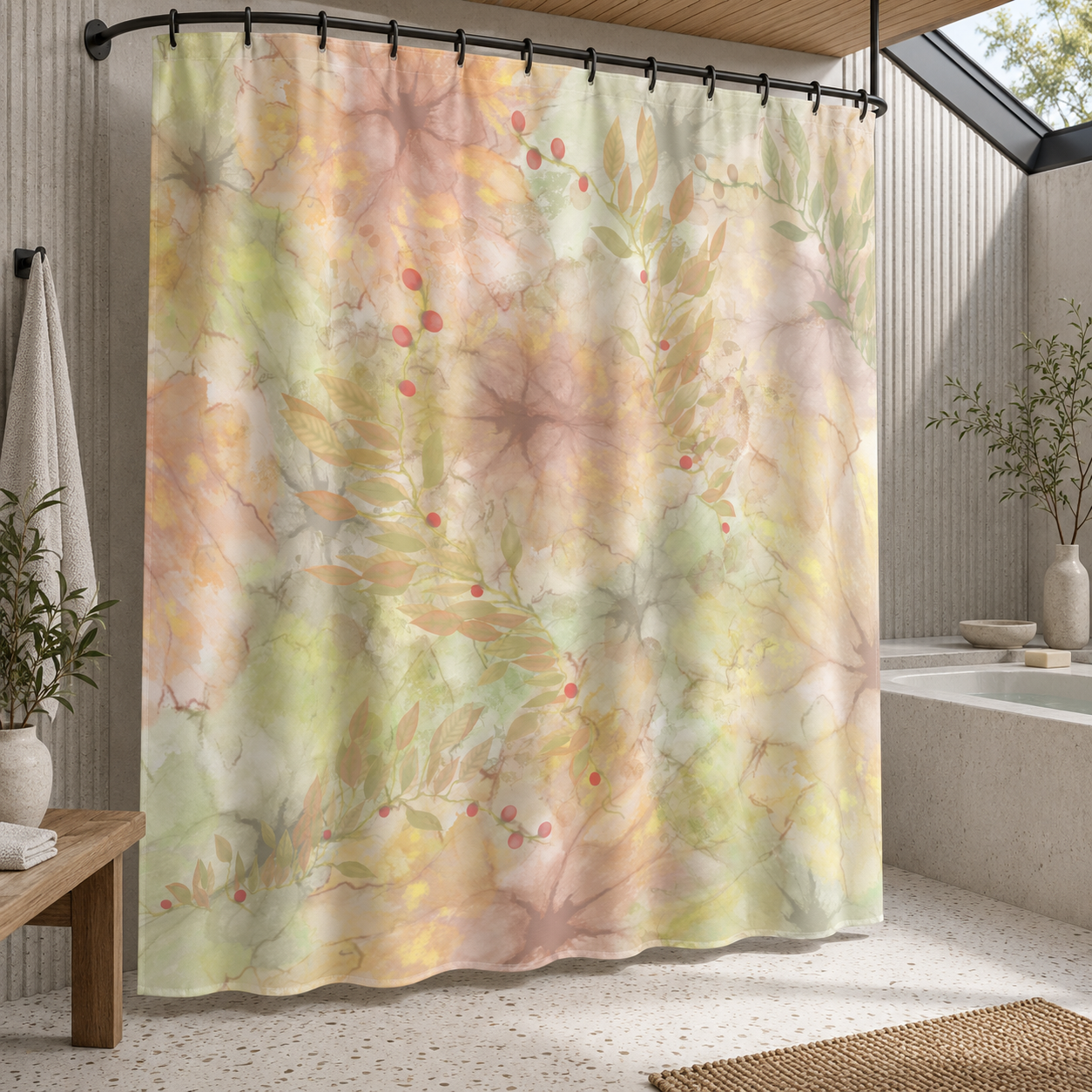 Botanical Watercolor Shower Curtain – Autumn Garden Bloom Bathroom Decor