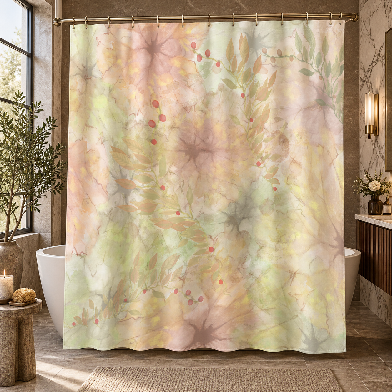 Botanical Watercolor Shower Curtain – Autumn Garden Bloom Bathroom Decor