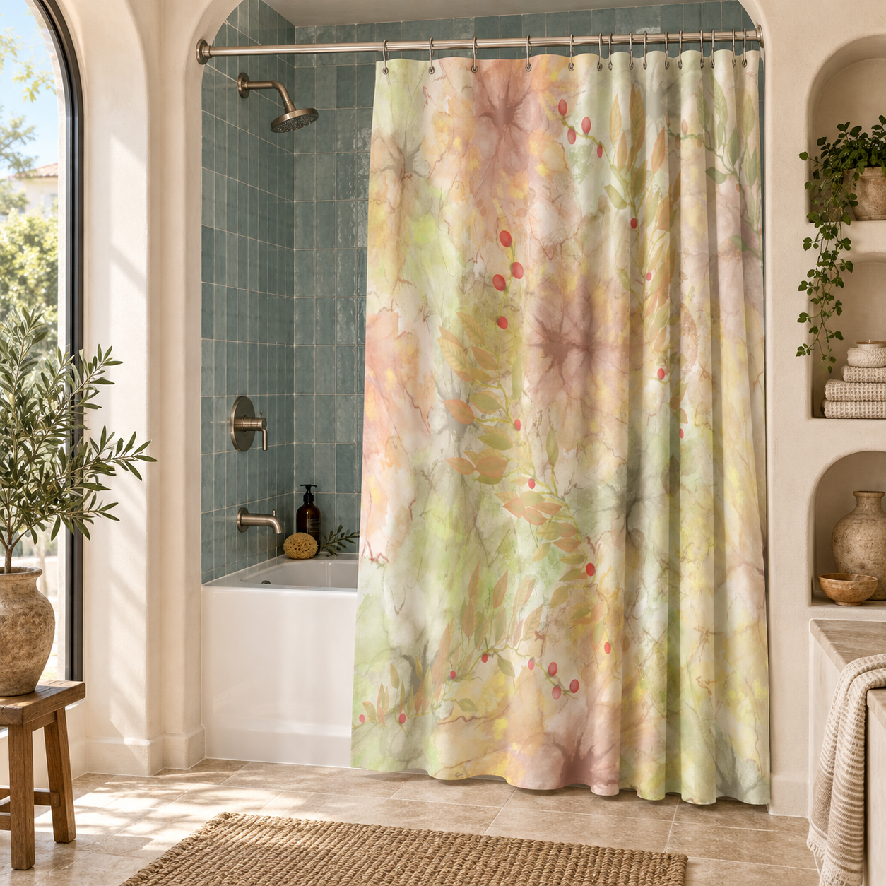 Botanical Watercolor Shower Curtain – Autumn Garden Bloom Bathroom Decor