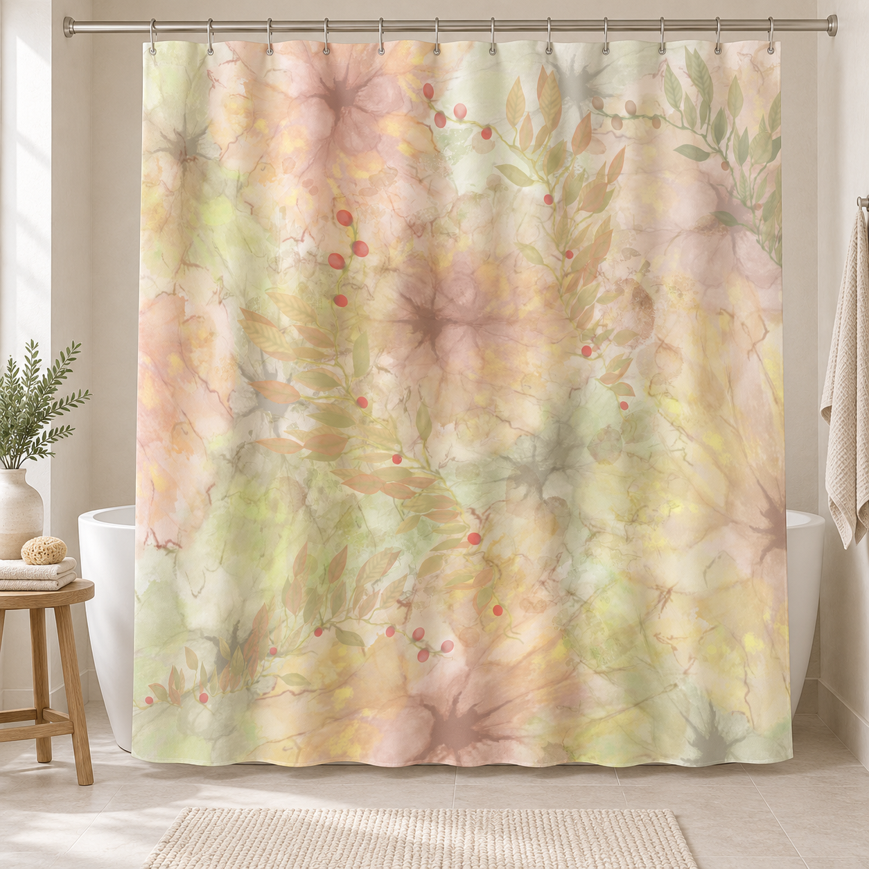 Botanical Watercolor Shower Curtain – Autumn Garden Bloom Bathroom Decor