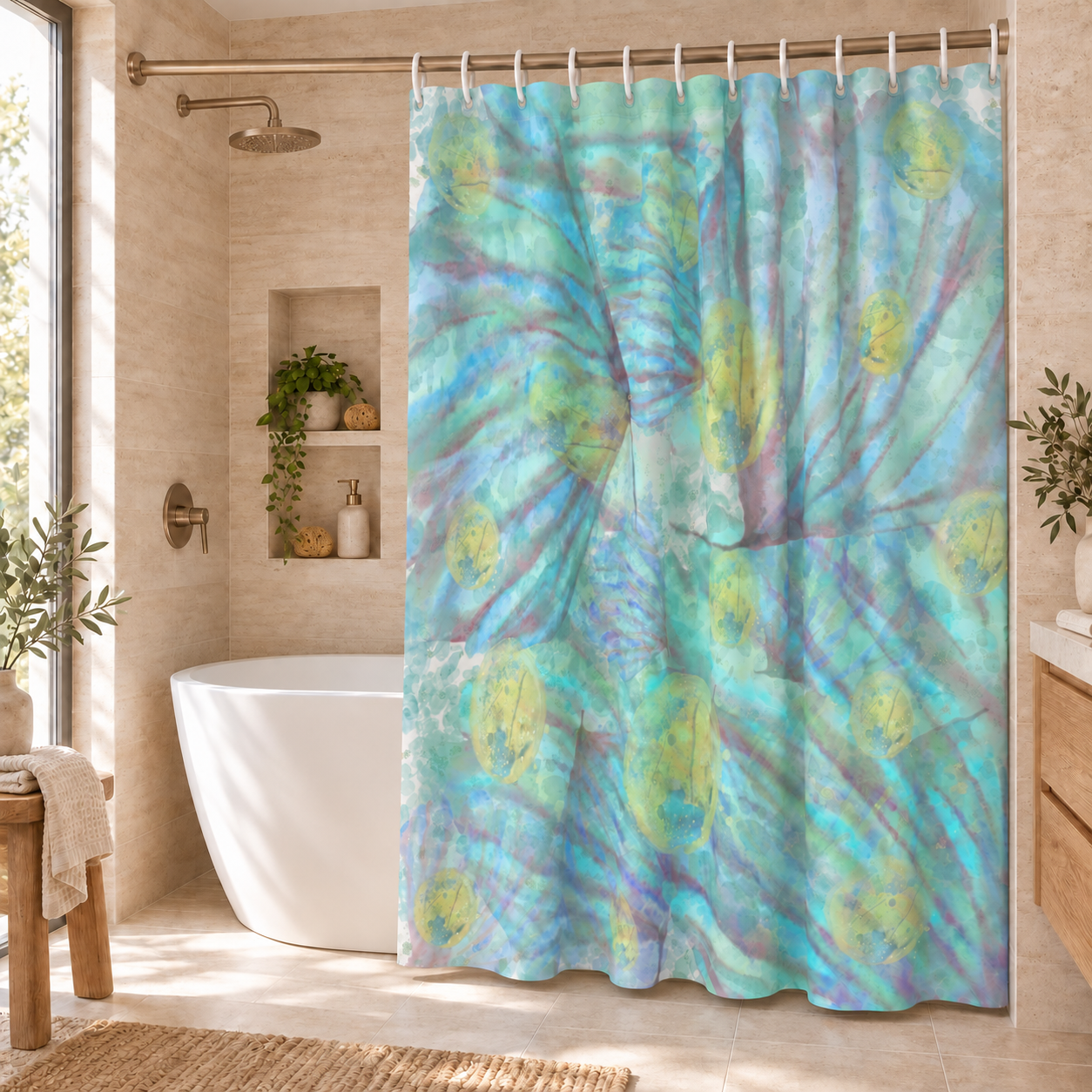 Ocean Watercolor Shower Curtain – Coastal Botanical Bathroom Décor