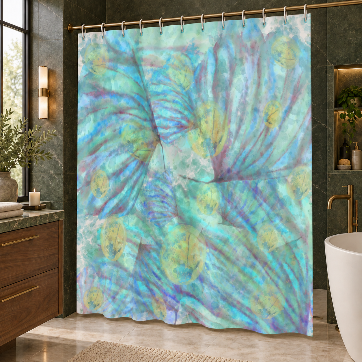 Ocean Watercolor Shower Curtain – Coastal Botanical Bathroom Décor