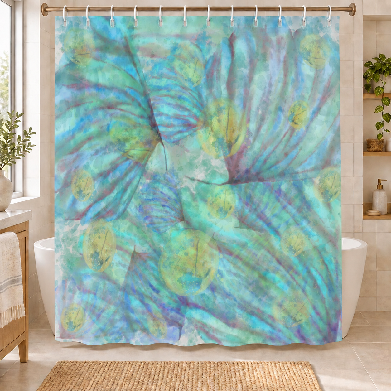Ocean Watercolor Shower Curtain – Coastal Botanical Bathroom Décor