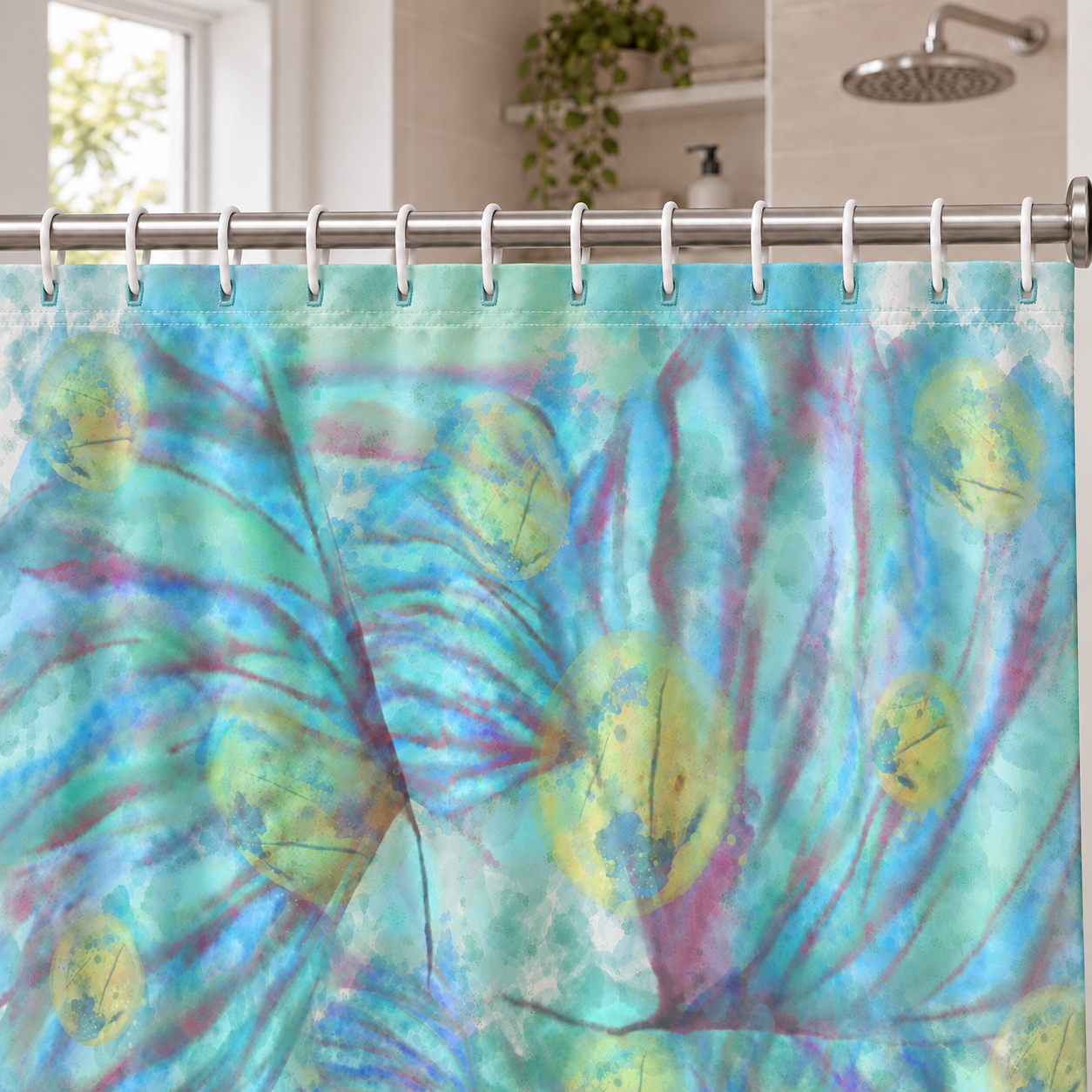 Ocean Watercolor Shower Curtain – Coastal Botanical Bathroom Décor