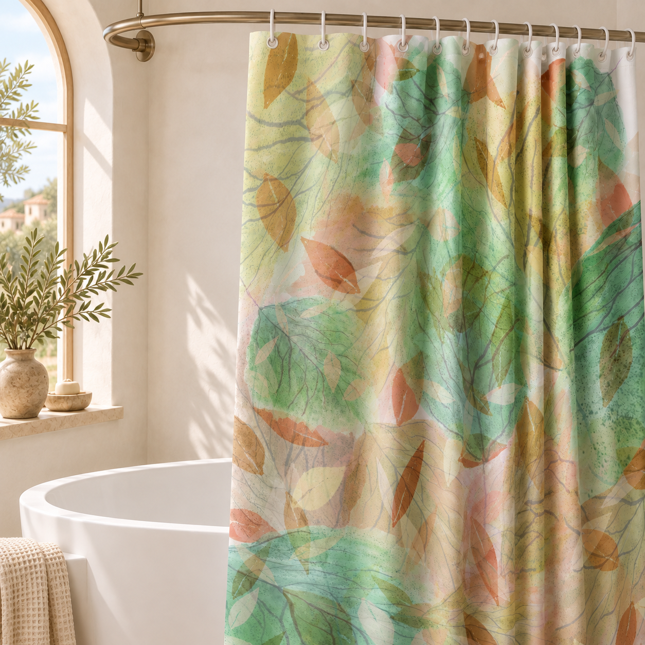 Botanical Watercolor Shower Curtain – Soft Forest Leaves Woodland Bathroom Decor
