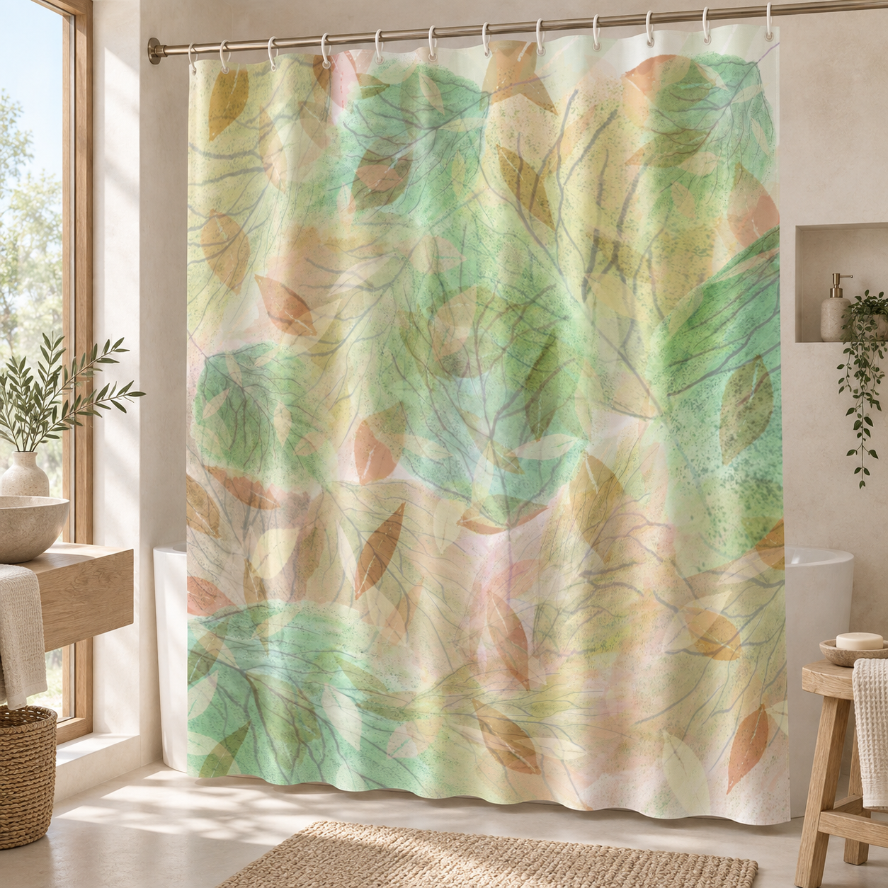 Botanical Watercolor Shower Curtain – Soft Forest Leaves Woodland Bathroom Decor